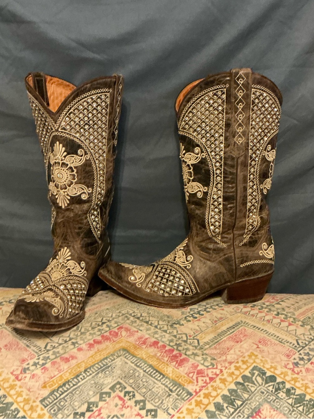 Brown Embroidered Western Heeled Boots - Women's